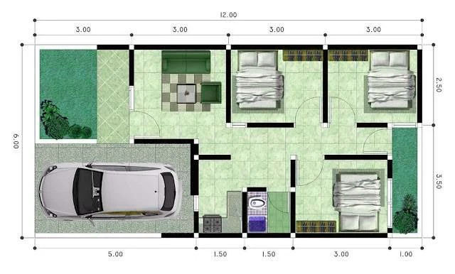 6x12 meter denah rumah 3 kamar ukuran 6x12